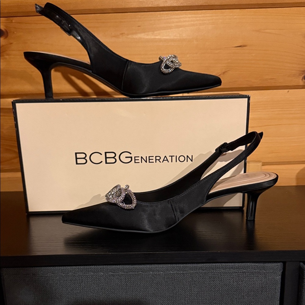 BCBGeneration Satin Black Slingback Heels